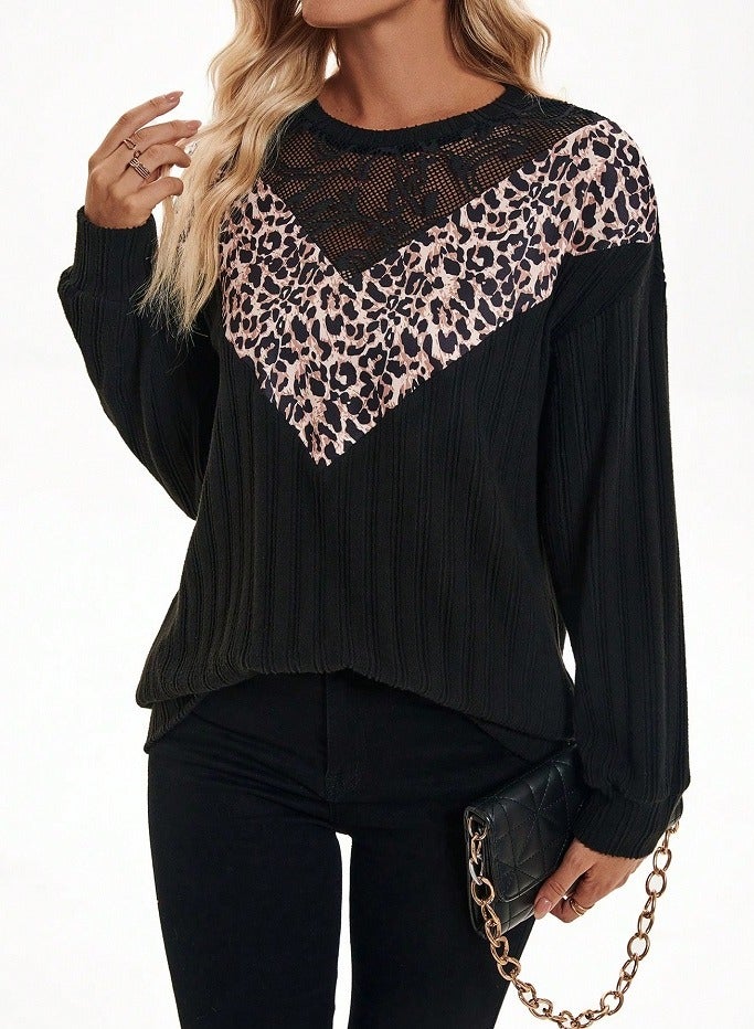 Shein SHEIN Franclia Casual Lace Patchwork Leopard Print Loose Fit Sweatshirt For Women, Autumn - Image 3
