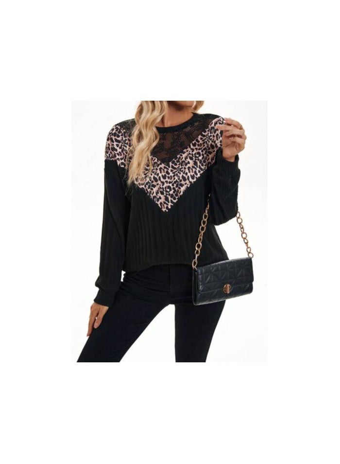 Shein SHEIN Franclia Casual Lace Patchwork Leopard Print Loose Fit Sweatshirt For Women, Autumn - Image 4