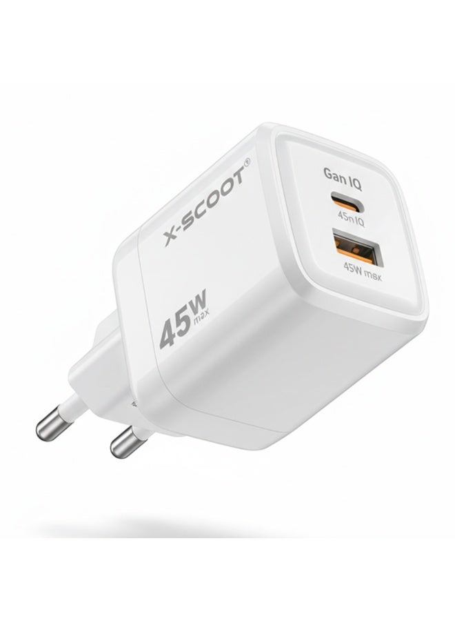 X-SCOOT CH-263 GaN IQ Super Fast Charger 45W – Dual Output Type-C & USB, Smart Power Delivery with Advanced Safety Protection, High-Speed Charging for Phones, Tablets & Laptops - Image 1