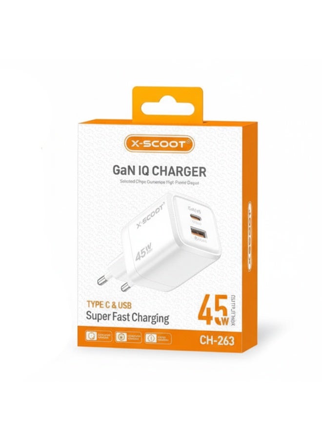 X-SCOOT CH-263 GaN IQ Super Fast Charger 45W – Dual Output Type-C & USB, Smart Power Delivery with Advanced Safety Protection, High-Speed Charging for Phones, Tablets & Laptops - Image 2