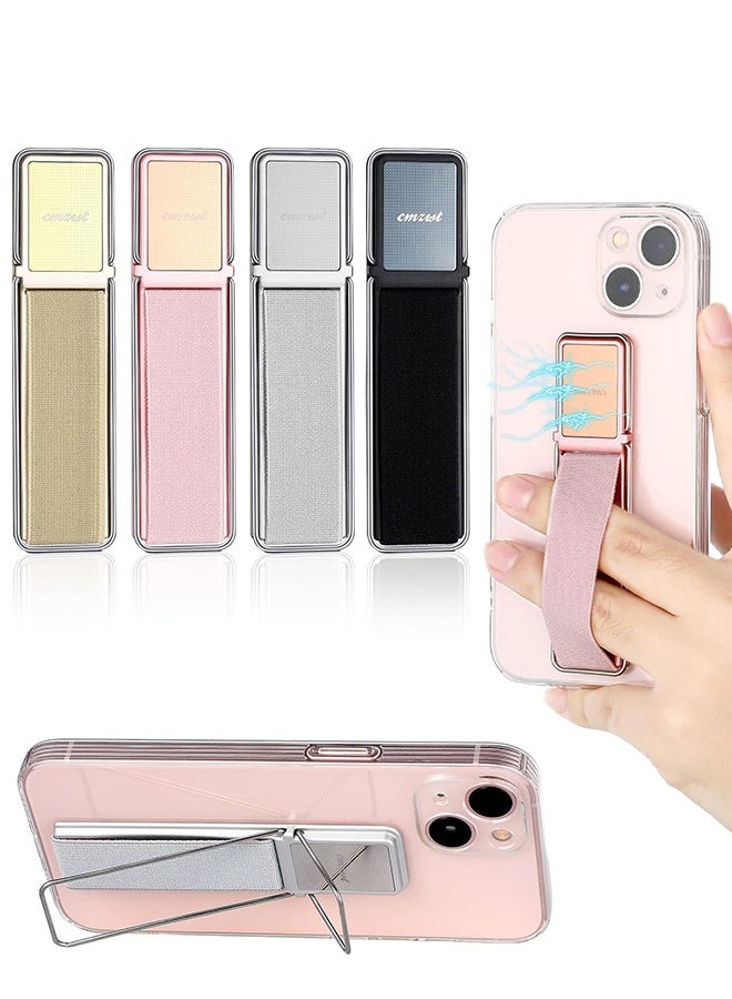 CMZWT 4 Pieces Phone Grip Strap Telescopic Phone Kickstand Elastic Finger Holer Hand Strap Adhesive Loop for Phone Grip with Stand Compatible with Most Smartphones (Black, Silver, Gold, Rose Gold)