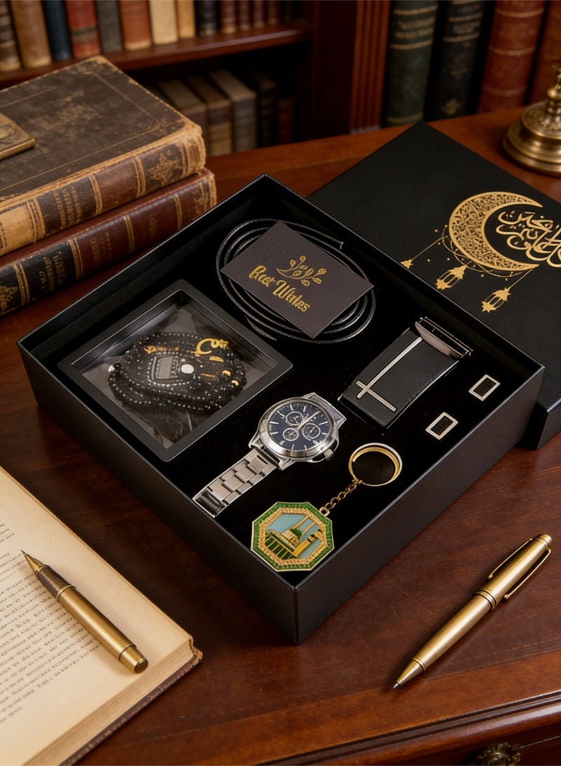 يواوليتي مجموعة هدايا فاخرة للرجال - صندوق هدايا فاخر مكون من ست قطع يحتوي على ساعة وحزام وسوار وجهاز عد جيب وأزرار أكمام وميدالية مفاتيح. الهدية المثالية لعيد الأب أو الذكرى السنوية للأباء والأصدقاء - Image 4