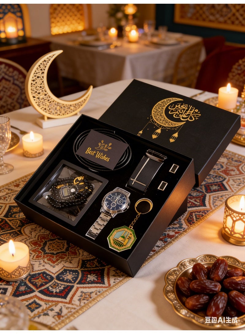 يواوليتي مجموعة هدايا فاخرة للرجال - صندوق هدايا فاخر مكون من ست قطع يحتوي على ساعة وحزام وسوار وجهاز عد جيب وأزرار أكمام وميدالية مفاتيح. الهدية المثالية لعيد الأب أو الذكرى السنوية للأباء والأصدقاء - Image 5