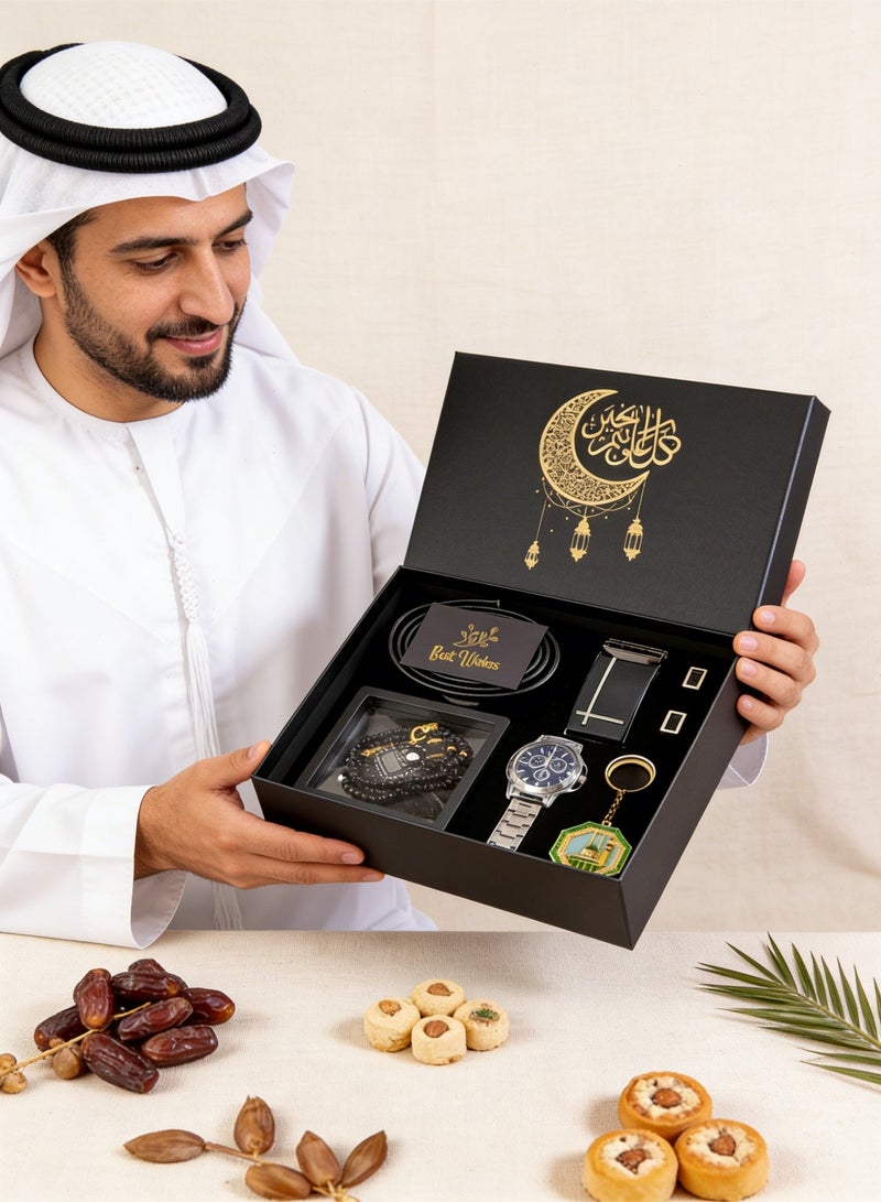 يواوليتي مجموعة هدايا فاخرة للرجال - صندوق هدايا فاخر مكون من ست قطع يحتوي على ساعة وحزام وسوار وجهاز عد جيب وأزرار أكمام وميدالية مفاتيح. الهدية المثالية لعيد الأب أو الذكرى السنوية للأباء والأصدقاء - Image 3