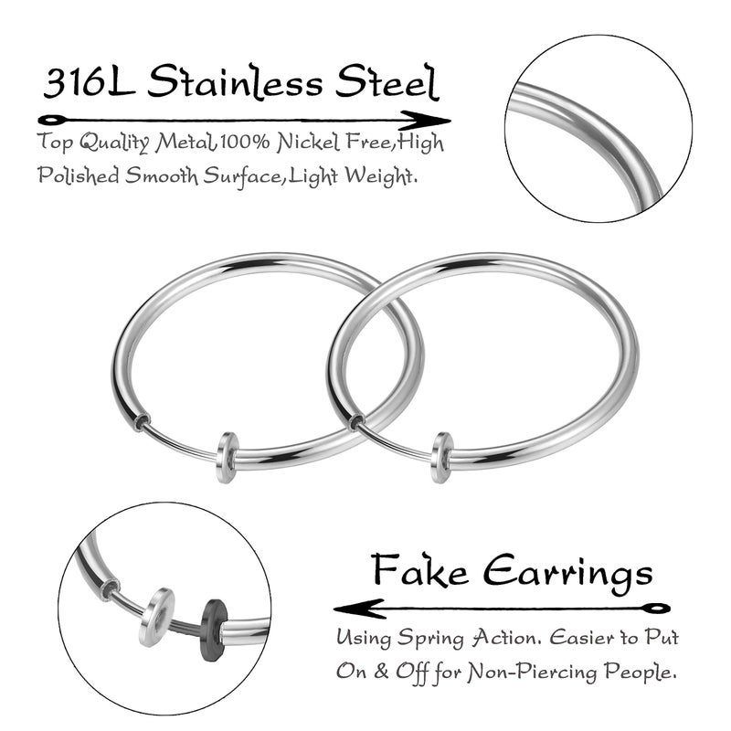 CCBFY Stainless Steel 4 Pairs Set Clip On Hoop Earrings for Women Men Non Pierced Earrings Silver Set - Image 5