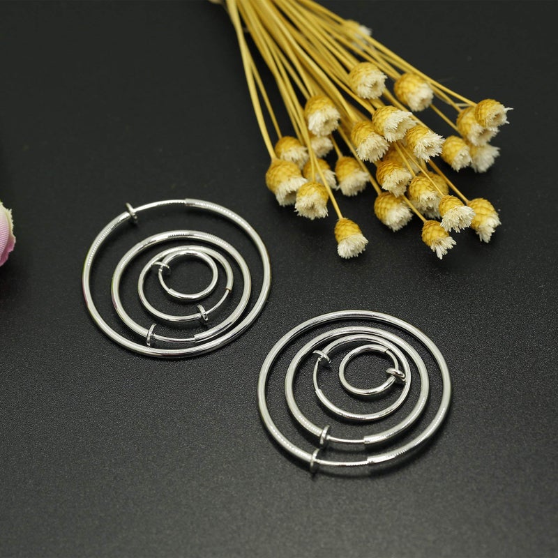 CCBFY Stainless Steel 4 Pairs Set Clip On Hoop Earrings for Women Men Non Pierced Earrings Silver Set - Image 3