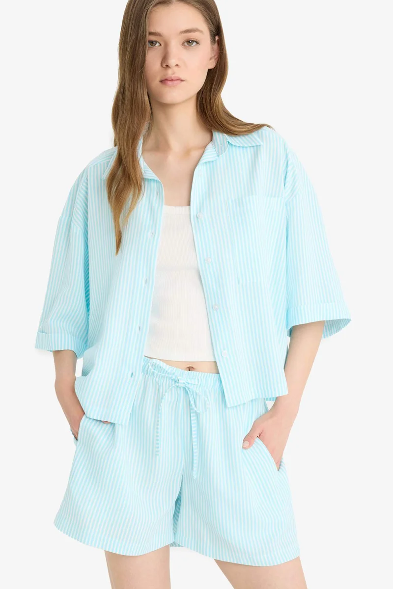 ديفاكتو Oversize Linen Blend Short Sleeve Shirt