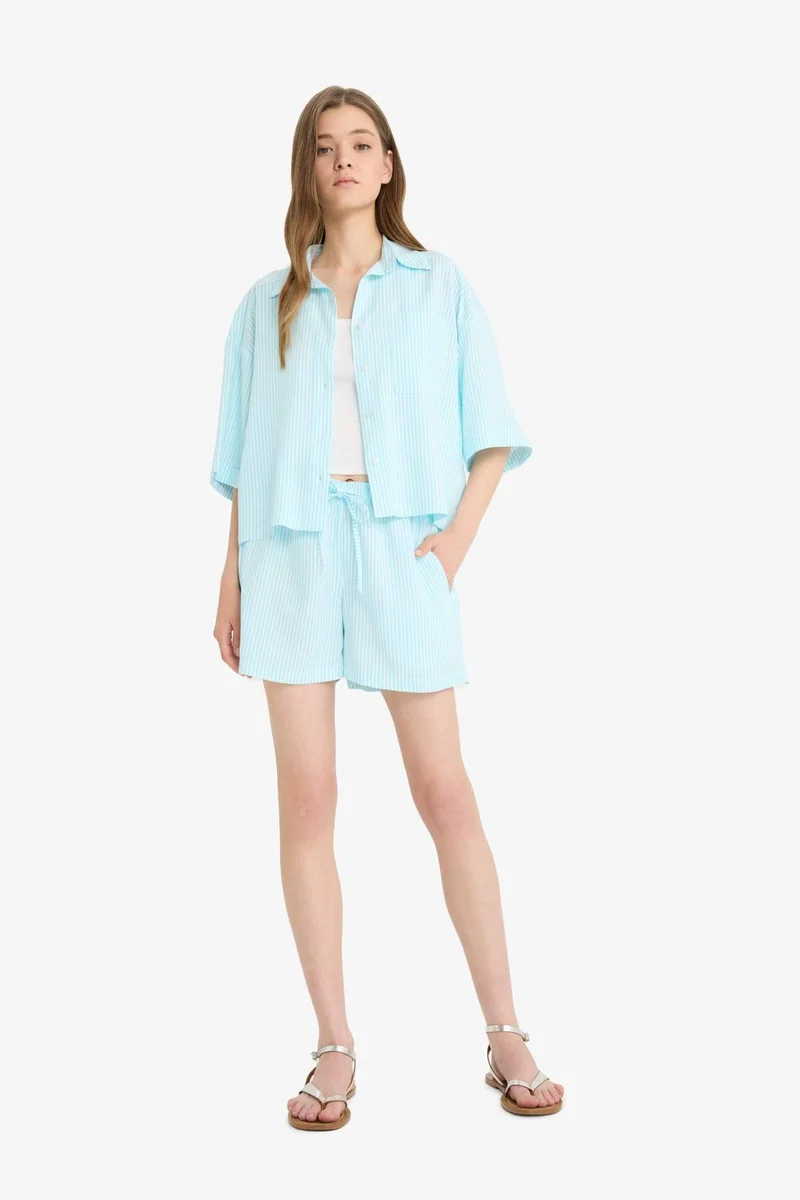 ديفاكتو Oversize Linen Blend Short Sleeve Shirt