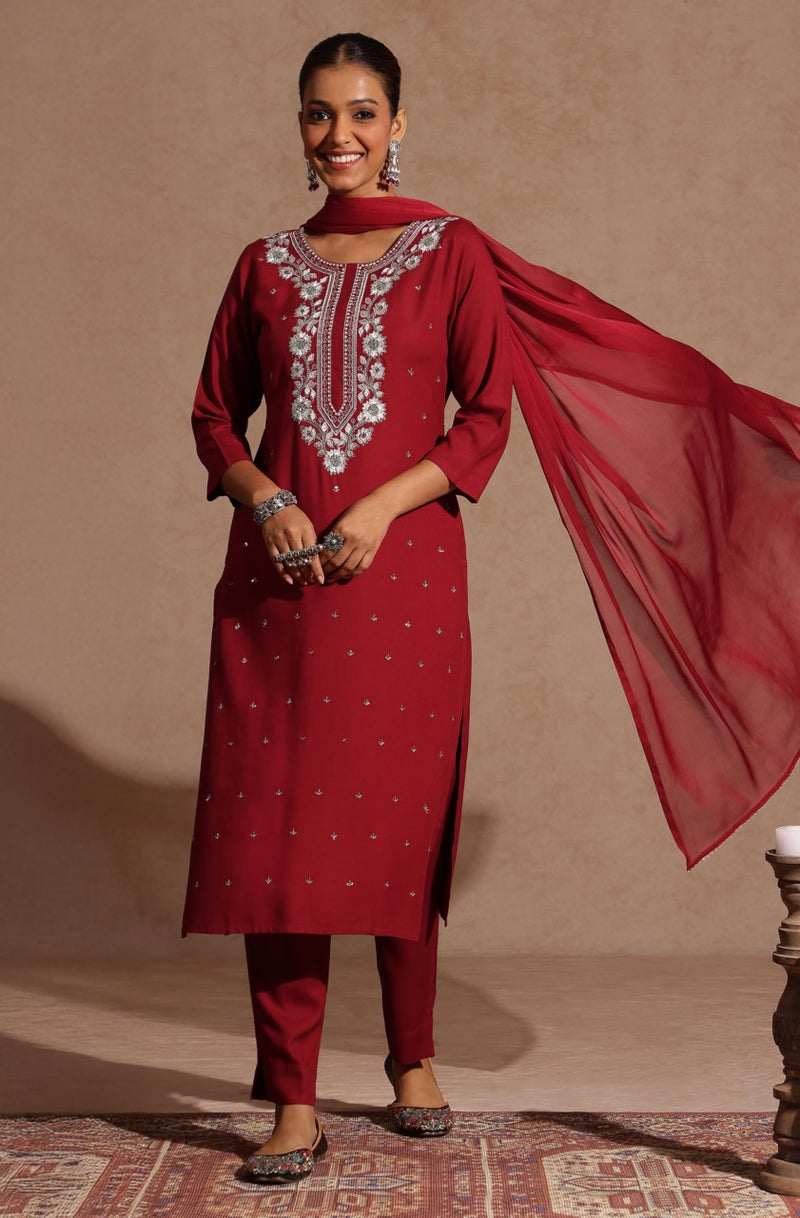 Janasya Women's Maroon Rayon Yoke Embroidered Sequinned Straight Kurta Set with Dupatta (JAB25ST02948-L) - Image 2