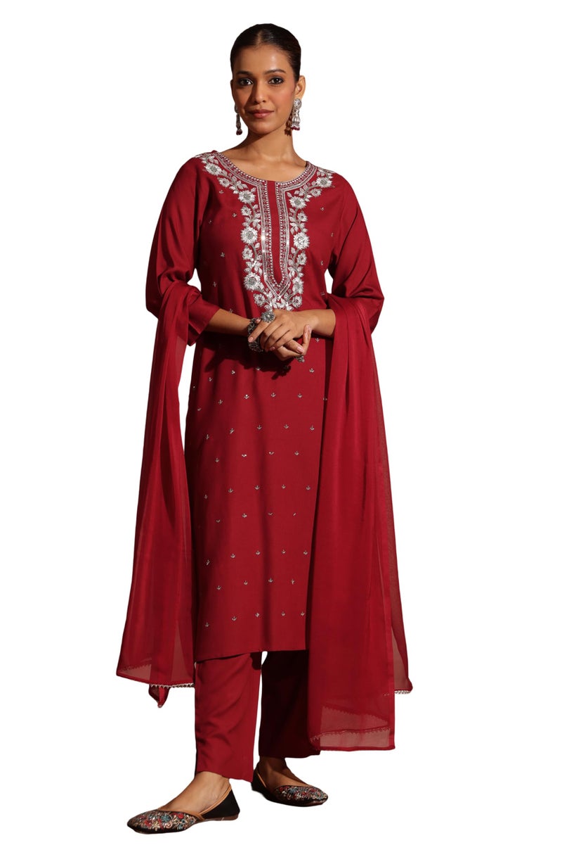 Janasya Women's Maroon Rayon Yoke Embroidered Sequinned Straight Kurta Set with Dupatta (JAB25ST02948-L) - Image 1