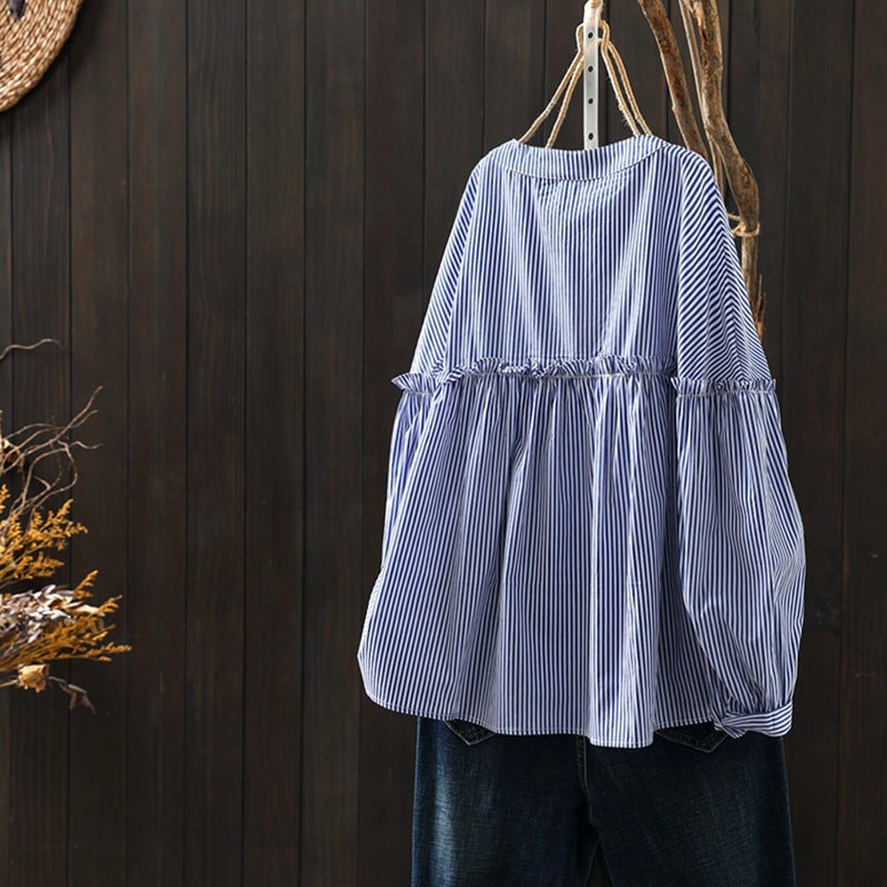 Women's Cotton Long Sleeve Loose Shirt with Ruffles - Image 3