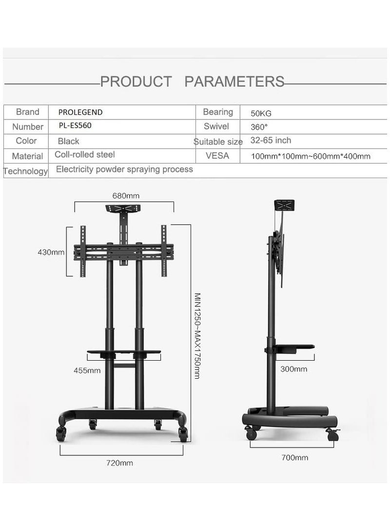 Mobile TV Stand with Wheels Rolling TV Stand for 32-65 Inch LED LCD Flat or Curved Screen TVs up to 40Kg - Height Adjustable TV Cart with Shelves - Portable TV Stand. - Image 5