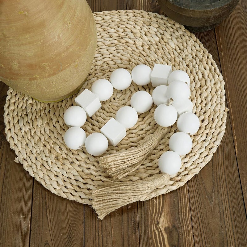 OMISHE White Large Wood Bead Garland with 1.6" Diameter Wooden Beads and Tassels, 41.5" Long Rustic Farmhouse Country Wood Beads Garland Decorative Beads for Home Decor Tiered Tray Decor Boho Decor - Image 2