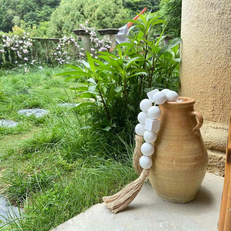 OMISHE White Large Wood Bead Garland with 1.6" Diameter Wooden Beads and Tassels, 41.5" Long Rustic Farmhouse Country Wood Beads Garland Decorative Beads for Home Decor Tiered Tray Decor Boho Decor - Image 5