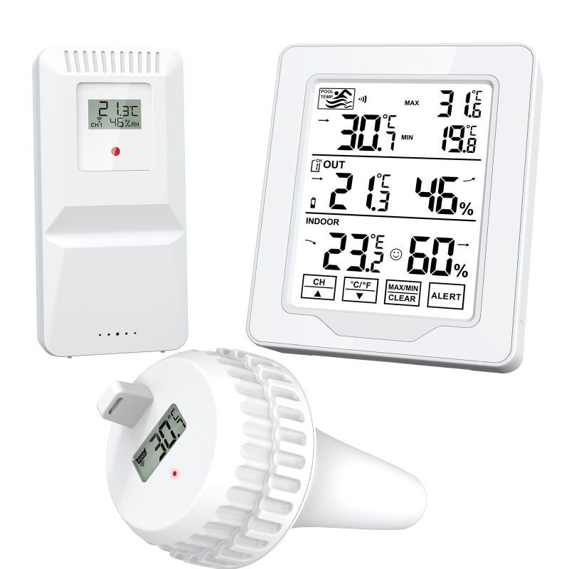 Cordless Pool Thermometer: White, IP68 Waterproof Probe, Accurate Multi-Zone Tracking - Remote Signal Connectivity, Customizable Alerts for Pool, Spa, Indoor Outdoor Use - Image 1
