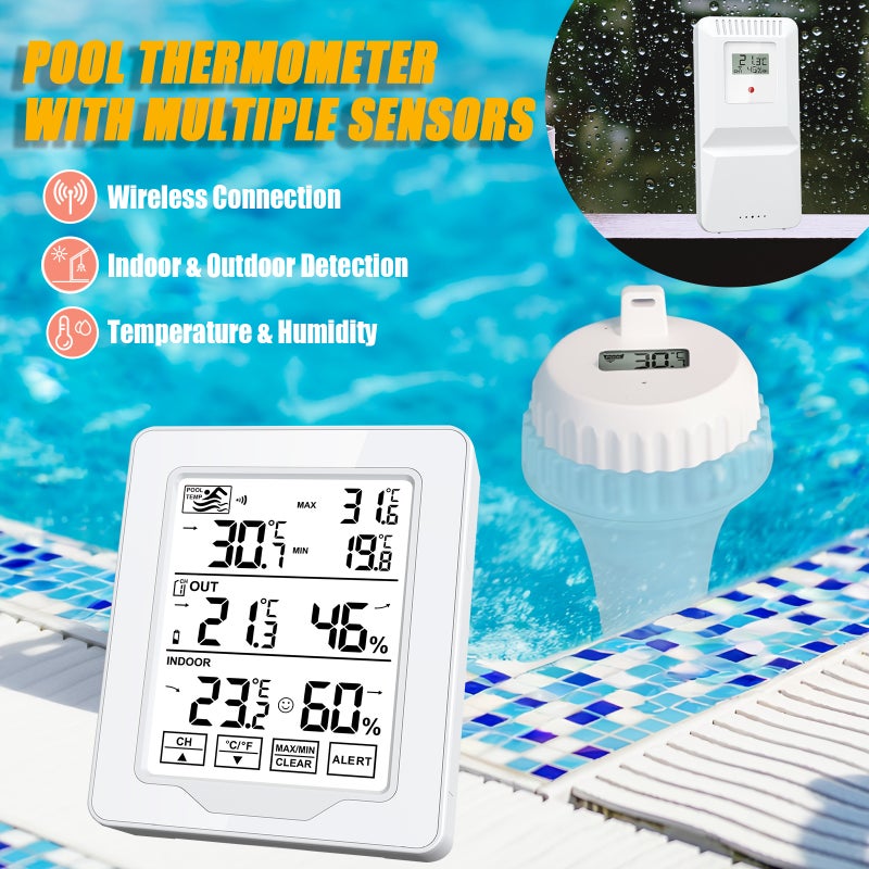 Cordless Pool Thermometer: White, IP68 Waterproof Probe, Accurate Multi-Zone Tracking - Remote Signal Connectivity, Customizable Alerts for Pool, Spa, Indoor Outdoor Use - Image 2