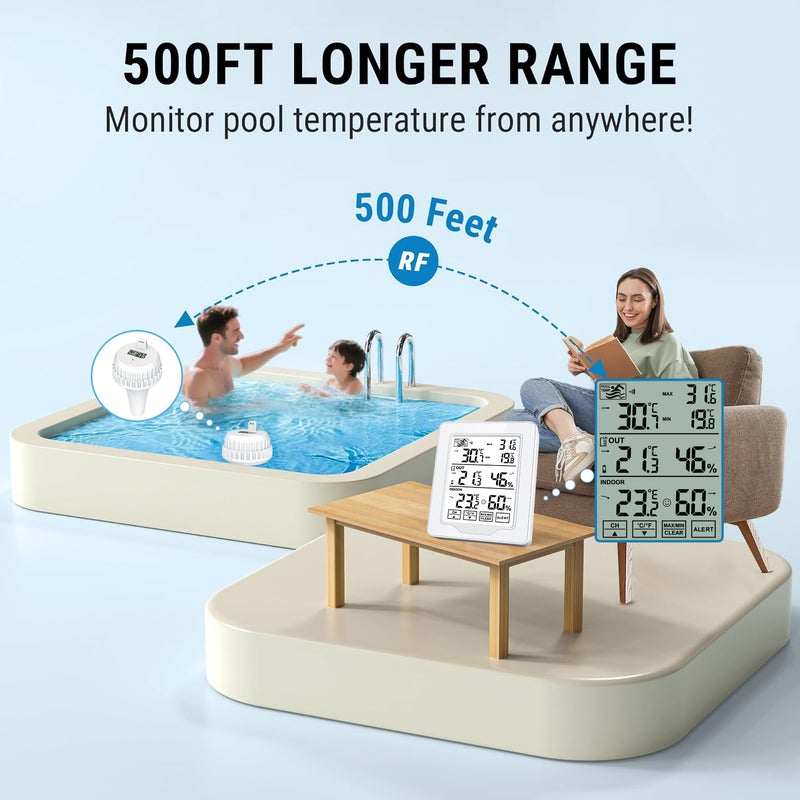 Cordless Pool Thermometer: White, IP68 Waterproof Probe, Accurate Multi-Zone Tracking - Remote Signal Connectivity, Customizable Alerts for Pool, Spa, Indoor Outdoor Use - Image 5