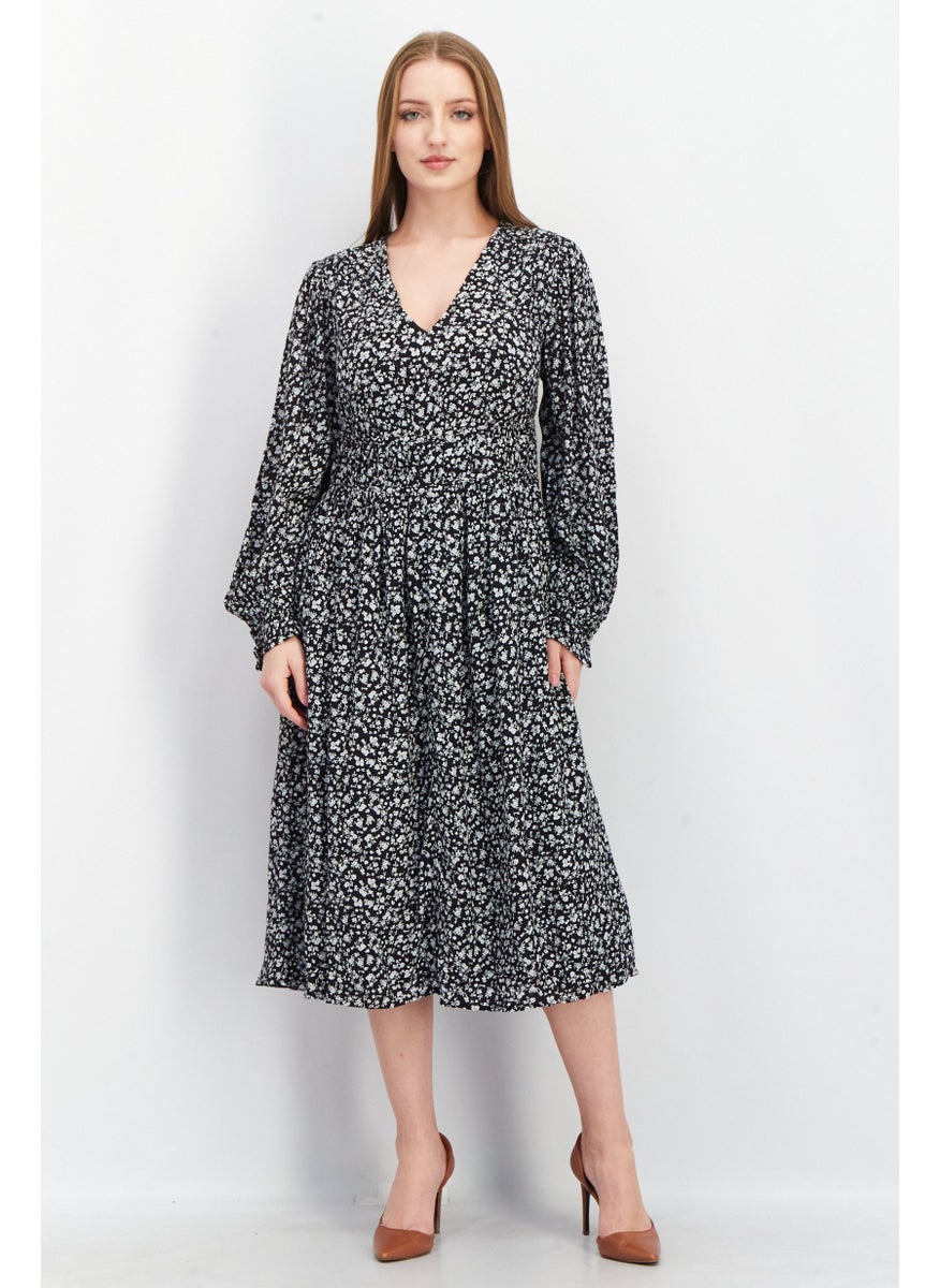 EDC Women V-Neck Long Sleeve Allover Print Midi Dress, Black  - Image 1