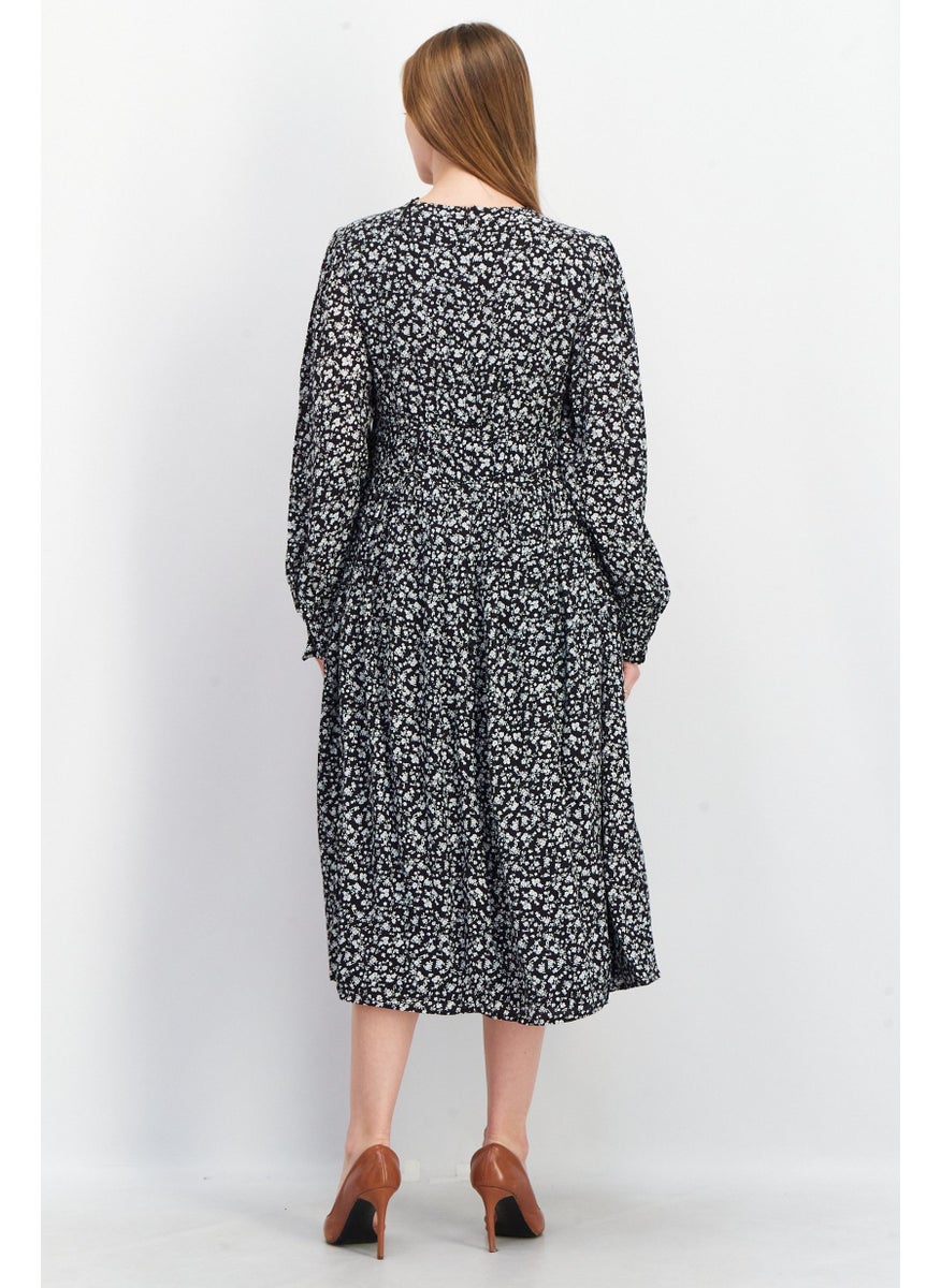 EDC Women V-Neck Long Sleeve Allover Print Midi Dress, Black  - Image 2