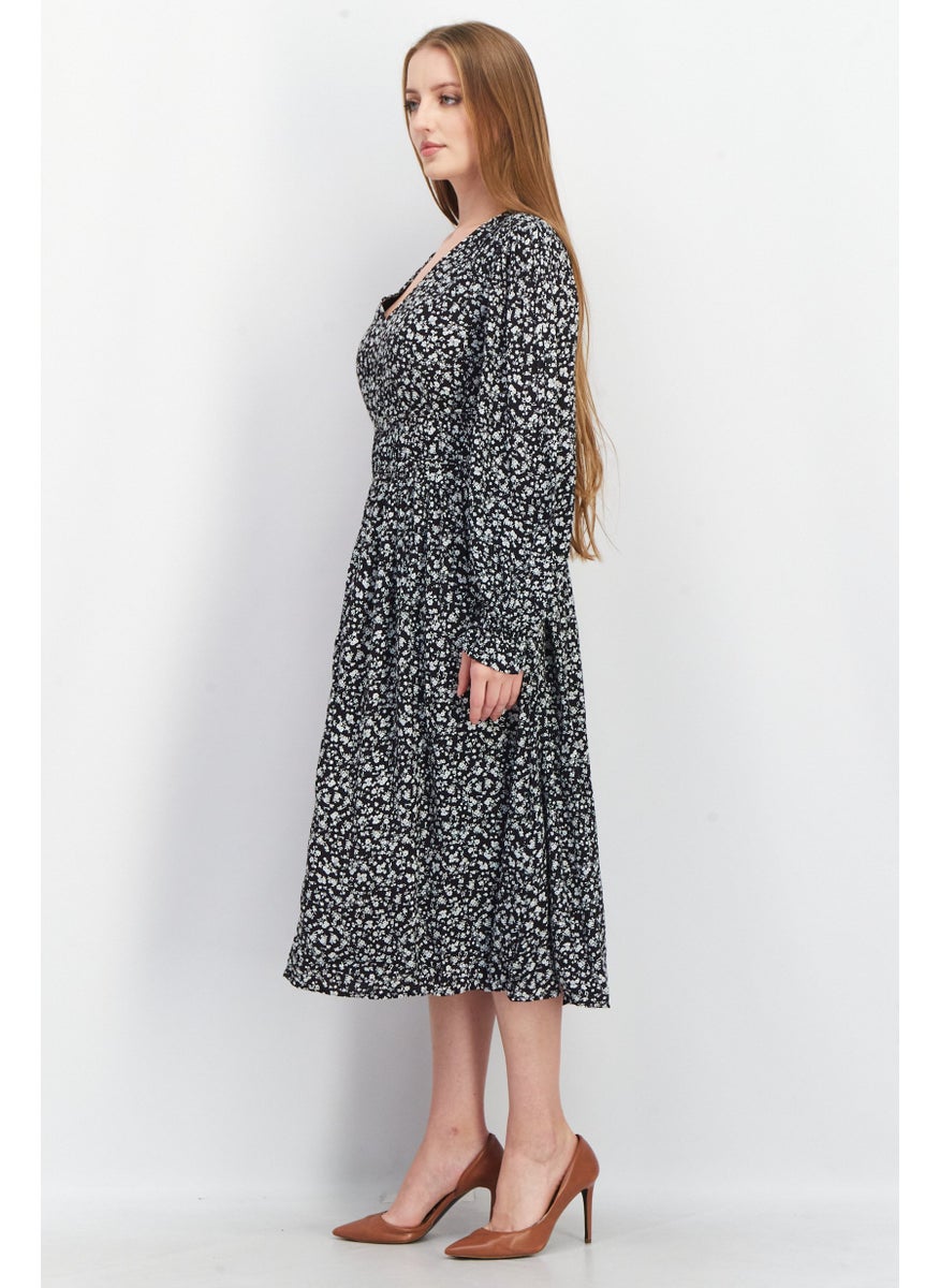 EDC Women V-Neck Long Sleeve Allover Print Midi Dress, Black  - Image 3