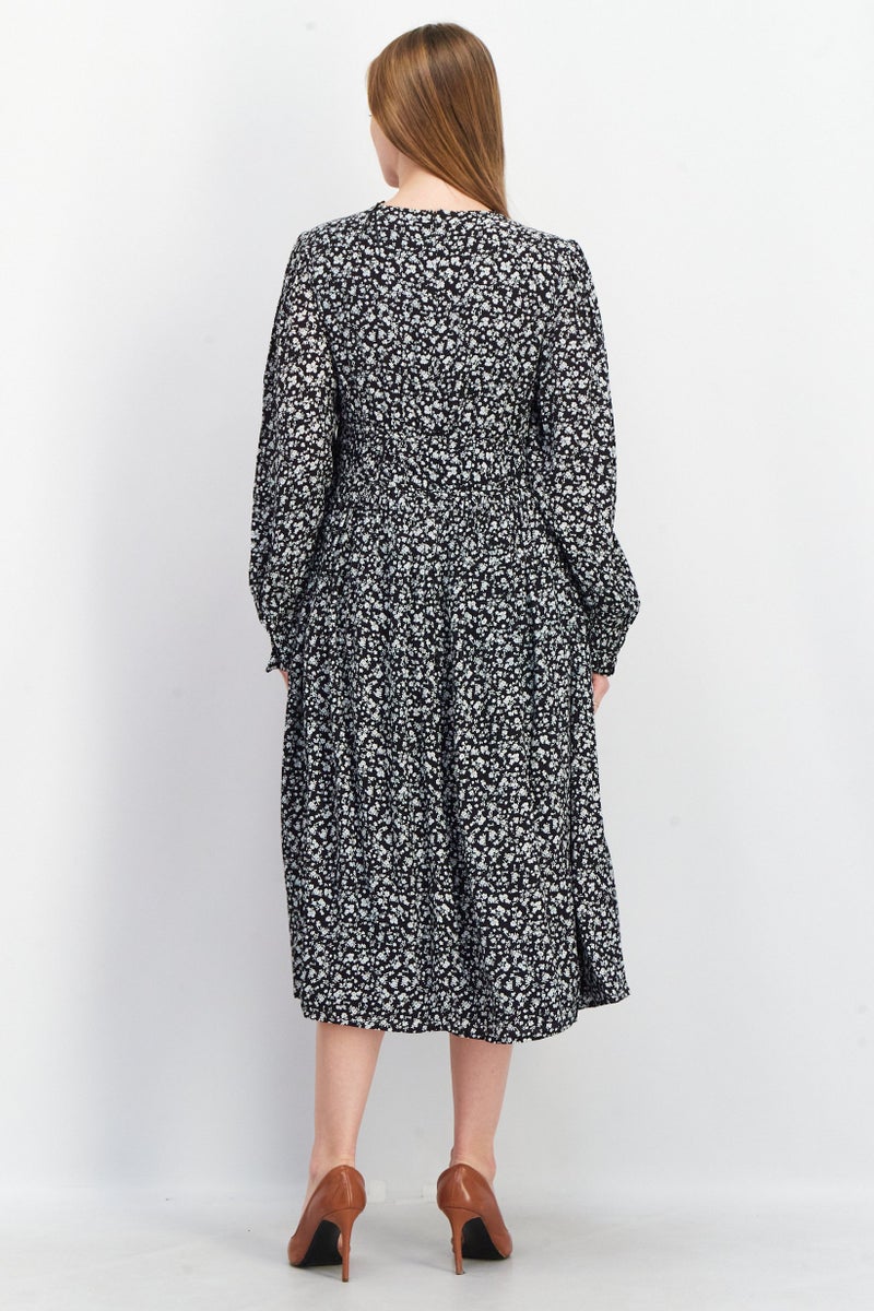 EDC فستان ميدي بطباعة شاملة بأكمام طويلة على شكل حرف V للنساء، أسود - Image 2