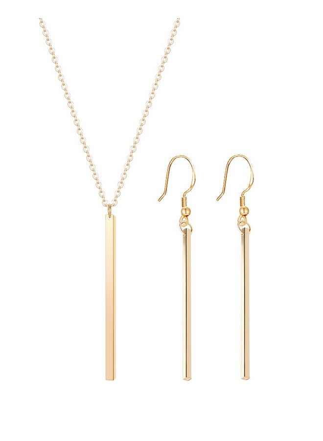 CULOVITY Simple Long Necklace Earrings Set Vertical Bar Pendant Necklaces Bar Drop Earrings Lariat Chain Polished Jewelry For Women 2.4" Pendant 35" Chain Gold Plated - Image 1