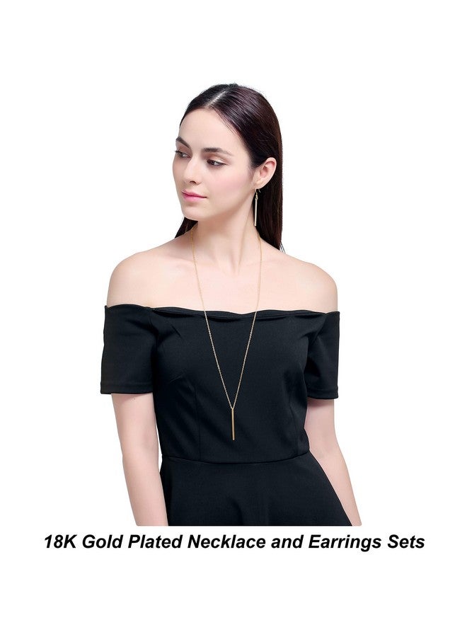 CULOVITY Simple Long Necklace Earrings Set Vertical Bar Pendant Necklaces Bar Drop Earrings Lariat Chain Polished Jewelry For Women 2.4" Pendant 35" Chain Gold Plated - Image 3