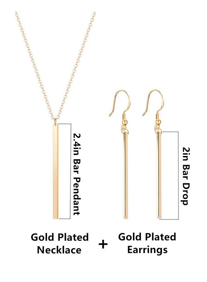 CULOVITY Simple Long Necklace Earrings Set Vertical Bar Pendant Necklaces Bar Drop Earrings Lariat Chain Polished Jewelry For Women 2.4" Pendant 35" Chain Gold Plated - Image 2