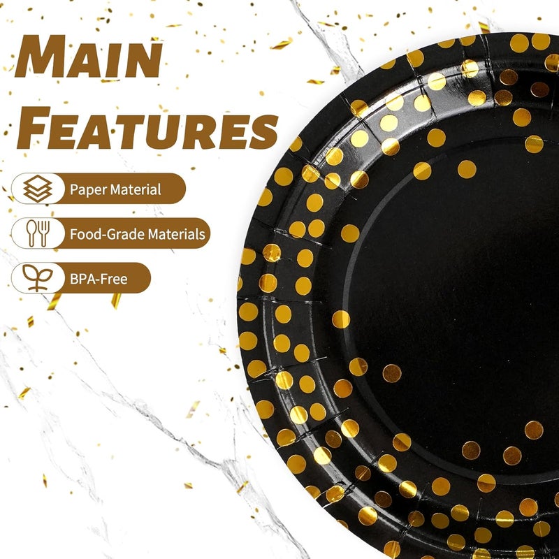Disposable Dinnerware: 72-Piece Black And Gold Set - Elegant Luxurious Design Paper Plates, Cups, Napkins For 24 Guests, Birthday, Wedding & Celebration Parties - Image 3