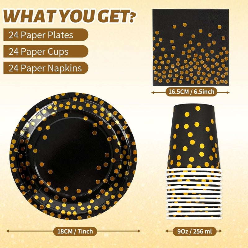 Disposable Dinnerware: 72-Piece Black And Gold Set - Elegant Luxurious Design Paper Plates, Cups, Napkins For 24 Guests, Birthday, Wedding & Celebration Parties - Image 2