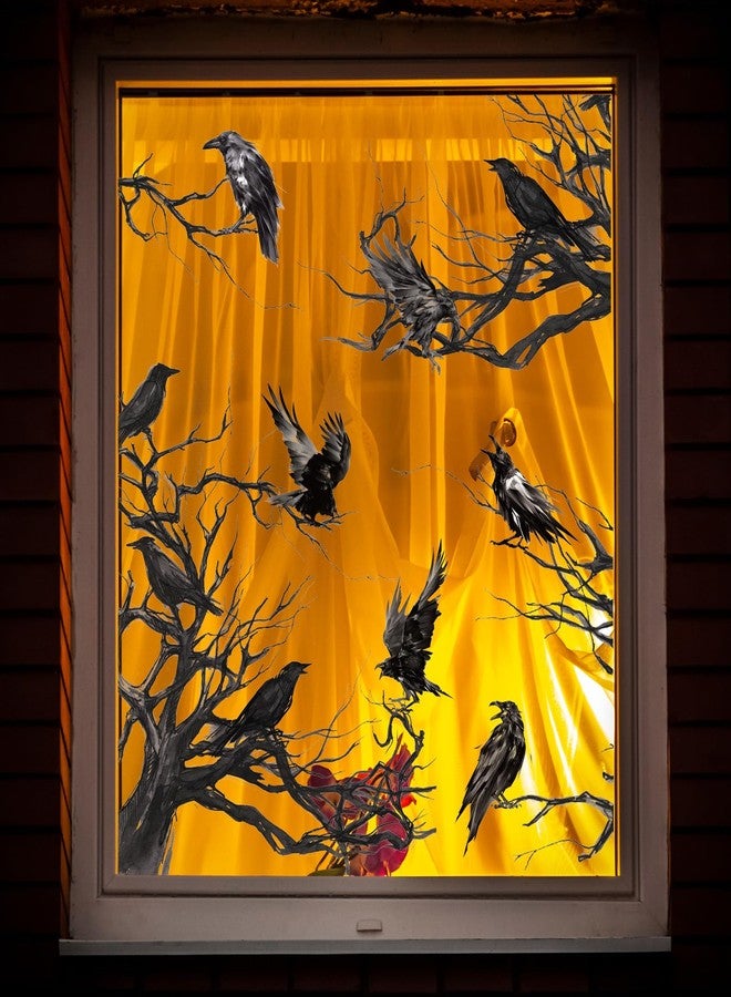 JarThenaAMCS ملصقات نوافذ لاصقة من JarThenaAMCS بتصميم غراب الهالوين، غراب أسود، طيور، أغصان، ملصقات نوافذ قوطية مزدوجة الجوانب قابلة لإعادة الاستخدام لتزيين الحفلات والمنازل والمكاتب والفصول الدراسية، 4 أوراق - Image 2