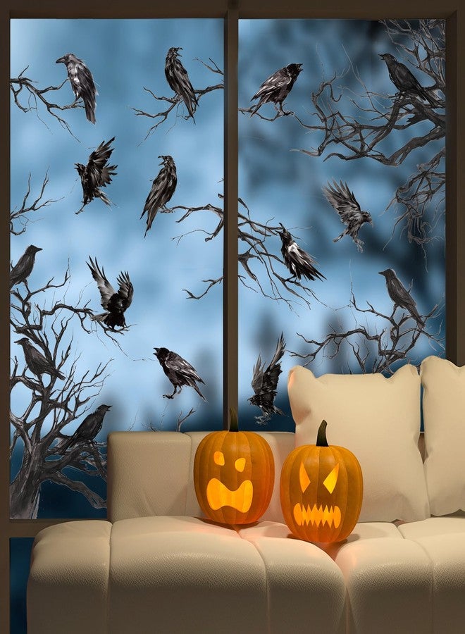 JarThenaAMCS ملصقات نوافذ لاصقة من JarThenaAMCS بتصميم غراب الهالوين، غراب أسود، طيور، أغصان، ملصقات نوافذ قوطية مزدوجة الجوانب قابلة لإعادة الاستخدام لتزيين الحفلات والمنازل والمكاتب والفصول الدراسية، 4 أوراق - Image 3