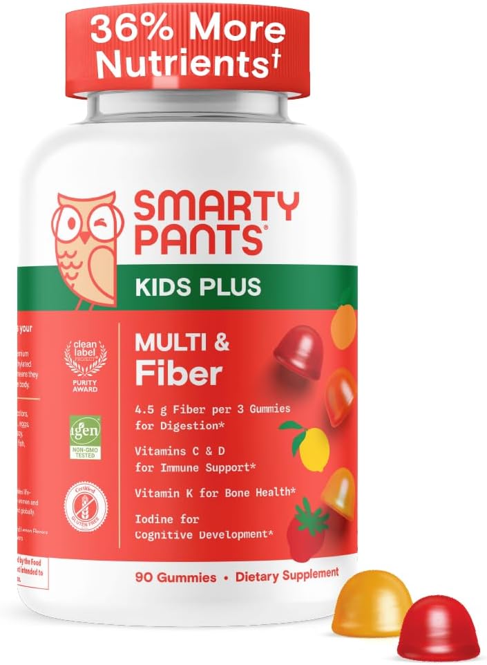 SmartyPants Kids Multivitamin  Fiber Gummies Prebiotic Fiber to Support Kids Digestion with Vitamin D3 C Vitamin B12 B6 A Zinc Biotin Folate Three Fruit Flavors 90 Count 30 Day Supply - Image 1