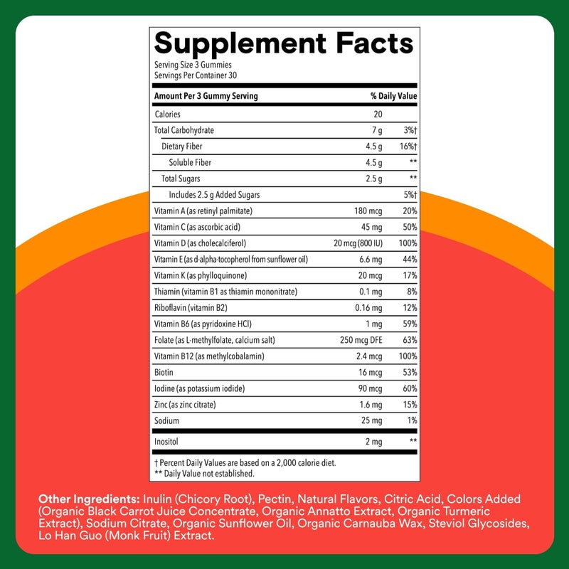 SmartyPants Kids Multivitamin  Fiber Gummies Prebiotic Fiber to Support Kids Digestion with Vitamin D3 C Vitamin B12 B6 A Zinc Biotin Folate Three Fruit Flavors 90 Count 30 Day Supply - Image 3