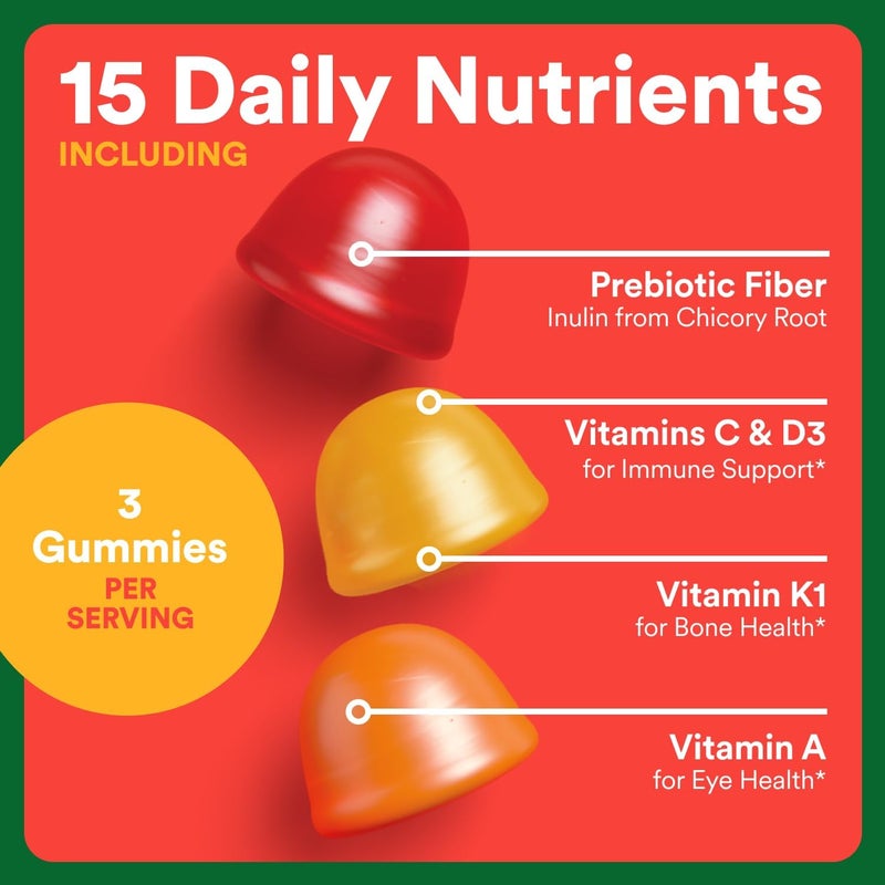SmartyPants Kids Multivitamin  Fiber Gummies Prebiotic Fiber to Support Kids Digestion with Vitamin D3 C Vitamin B12 B6 A Zinc Biotin Folate Three Fruit Flavors 90 Count 30 Day Supply - Image 4