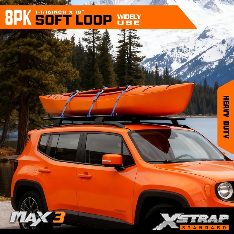 XSTRAP STANDARD أحزمة ربط ناعمة قياسية من XSTRAP - 8 قطع، مقاس 1-1/16 × 18 بوصة - قوة كسر 3600 رطل، حلقات لتأمين نقل الدراجات، مركبات ATV، UTV، الدراجات النارية، السكوتر، دراجات الطرق الوعرة، معدات الحدائق، أزرق - Image 3