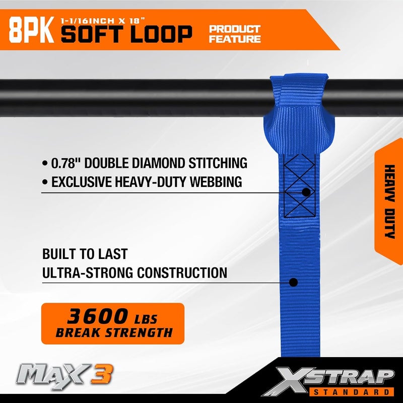 XSTRAP STANDARD أحزمة ربط ناعمة قياسية من XSTRAP - 8 قطع، مقاس 1-1/16 × 18 بوصة - قوة كسر 3600 رطل، حلقات لتأمين نقل الدراجات، مركبات ATV، UTV، الدراجات النارية، السكوتر، دراجات الطرق الوعرة، معدات الحدائق، أزرق - Image 4