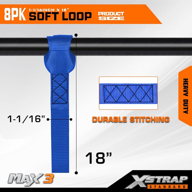 XSTRAP STANDARD أحزمة ربط ناعمة قياسية من XSTRAP - 8 قطع، مقاس 1-1/16 × 18 بوصة - قوة كسر 3600 رطل، حلقات لتأمين نقل الدراجات، مركبات ATV، UTV، الدراجات النارية، السكوتر، دراجات الطرق الوعرة، معدات الحدائق، أزرق - Image 5