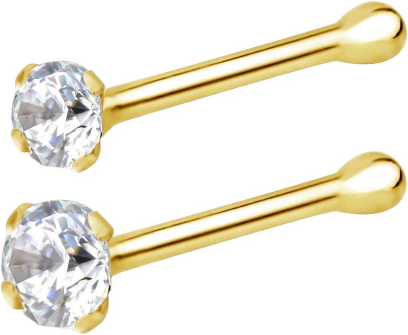 Forbidden Body Jewelry FBJ 14k Nose Ring, 22g, Solid 7mm Micro Stud, 2mm CZ Simulated Diamond, Non-Irritating Skin Safe Real Gold, Women/Men (Sold Individually) - Image 1