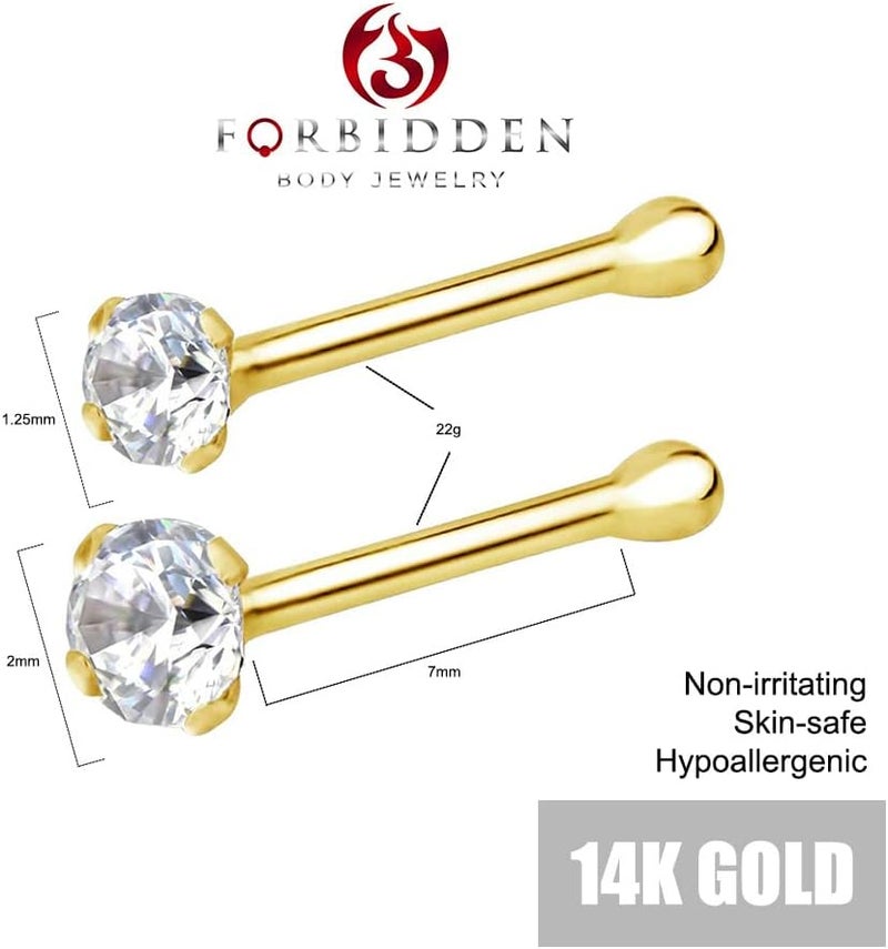 Forbidden Body Jewelry FBJ 14k Nose Ring, 22g, Solid 7mm Micro Stud, 2mm CZ Simulated Diamond, Non-Irritating Skin Safe Real Gold, Women/Men (Sold Individually) - Image 2