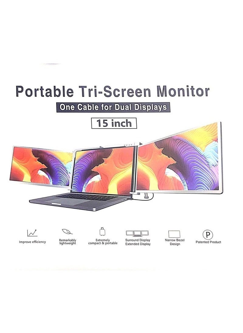 XCESS - Triple Portable Monitor For Laptop, 15" FHD 1080P IPS Screen Extender, Type-C Port, Plug and Play, 235° Rotation Angle, Retractable Stand, For Laptop/PC and Smartphone - Image 1