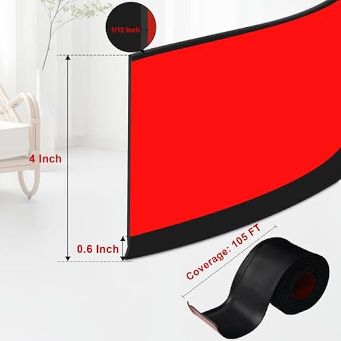 FLEXIBLE WALL BASEBOARD MOLDING TRIM 4 INCH X 105 FEET, SELF-ADHESIVE RUBBER BASEBOARD FOR WALLS, PEEL AND STICK BASEBOARD TRIM FOR VINYL WALL BASE (BLACK) - Image 2