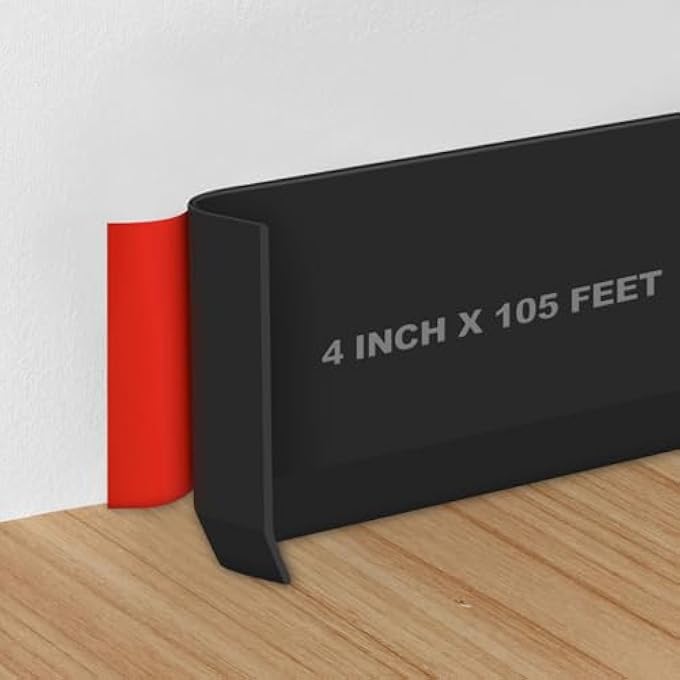 FLEXIBLE WALL BASEBOARD MOLDING TRIM 4 INCH X 105 FEET, SELF-ADHESIVE RUBBER BASEBOARD FOR WALLS, PEEL AND STICK BASEBOARD TRIM FOR VINYL WALL BASE (BLACK) - Image 1