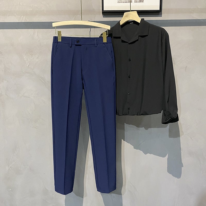 Spring Mens Nine-point Straight Pants Slim-fit Mens British Non-ironing Elastic Waist Design Inner and Outer Button Suit Pants Black Trousers  - Image 2