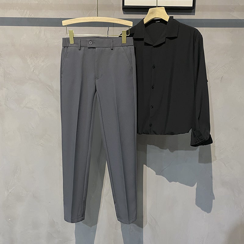 Spring Mens Nine-point Straight Pants Slim-fit Mens British Non-ironing Elastic Waist Design Inner and Outer Button Suit Pants Black Trousers  - Image 4