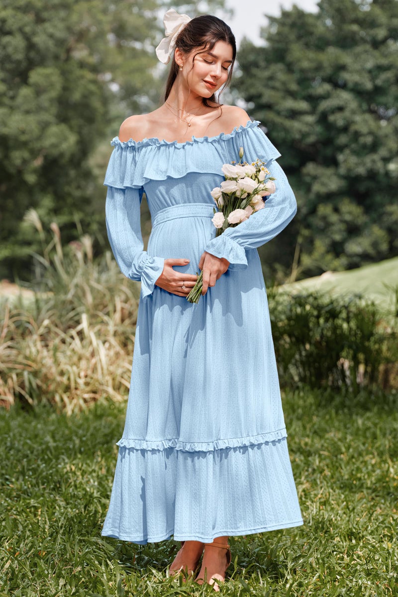 OUGES Women's Fall Baby Shower Maternity Dress Cotton Blend Off Shoulder Long Sleeve Ruffle Smocked Tiered Maxi Photoshoot Wedding Guest Formal Dresses Pregnancy Clothes 2025(Blue,M) - Image 3
