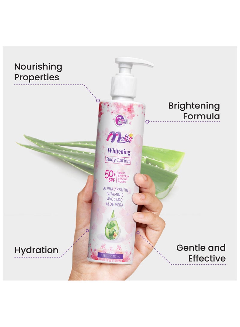 Malika Brightening Body Lotion for Women, Body Moisturizer for Dry Skin with Alpha Arbutin & Avocado, Ideal for Tanning Recovery, Daily Hydration & Skin whitening - Image 2