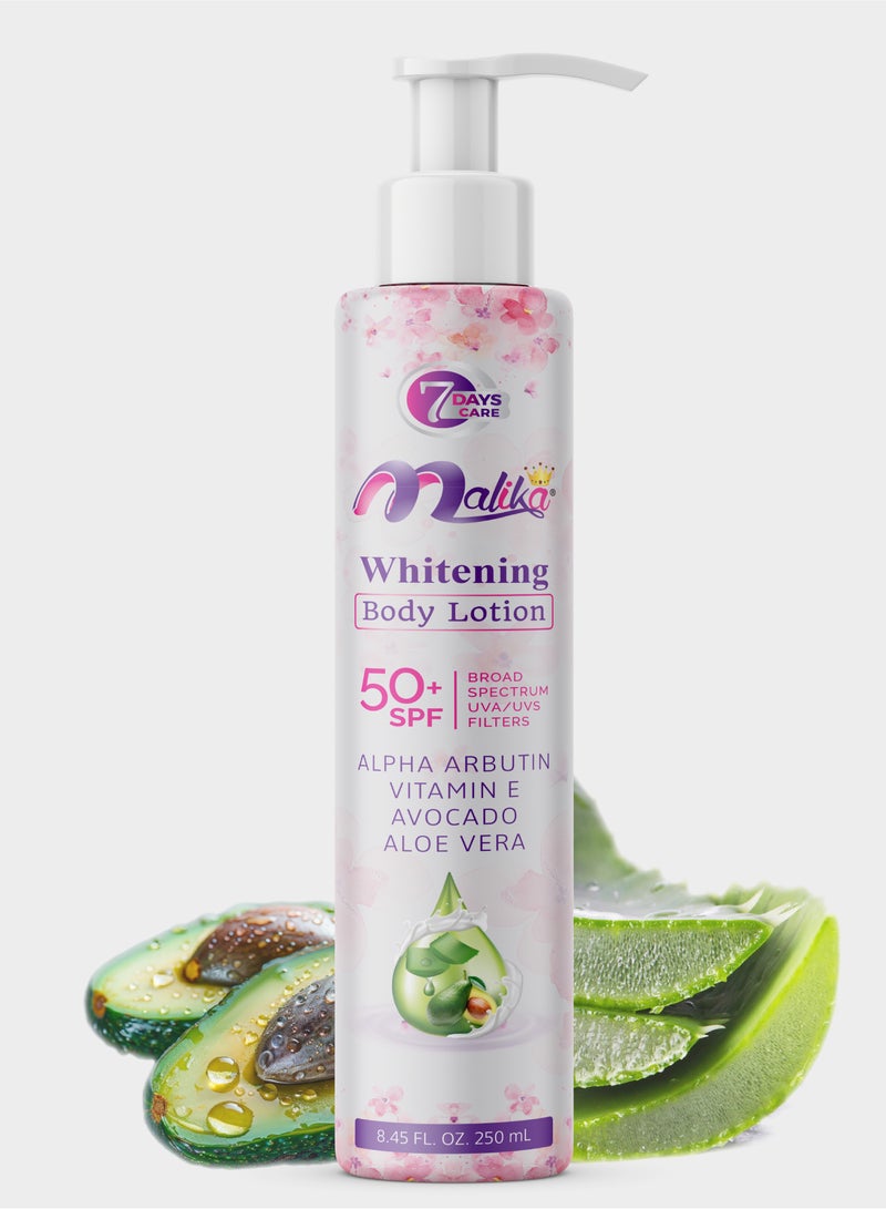 Malika Brightening Body Lotion for Women, Body Moisturizer for Dry Skin with Alpha Arbutin & Avocado, Ideal for Tanning Recovery, Daily Hydration & Skin whitening - Image 1