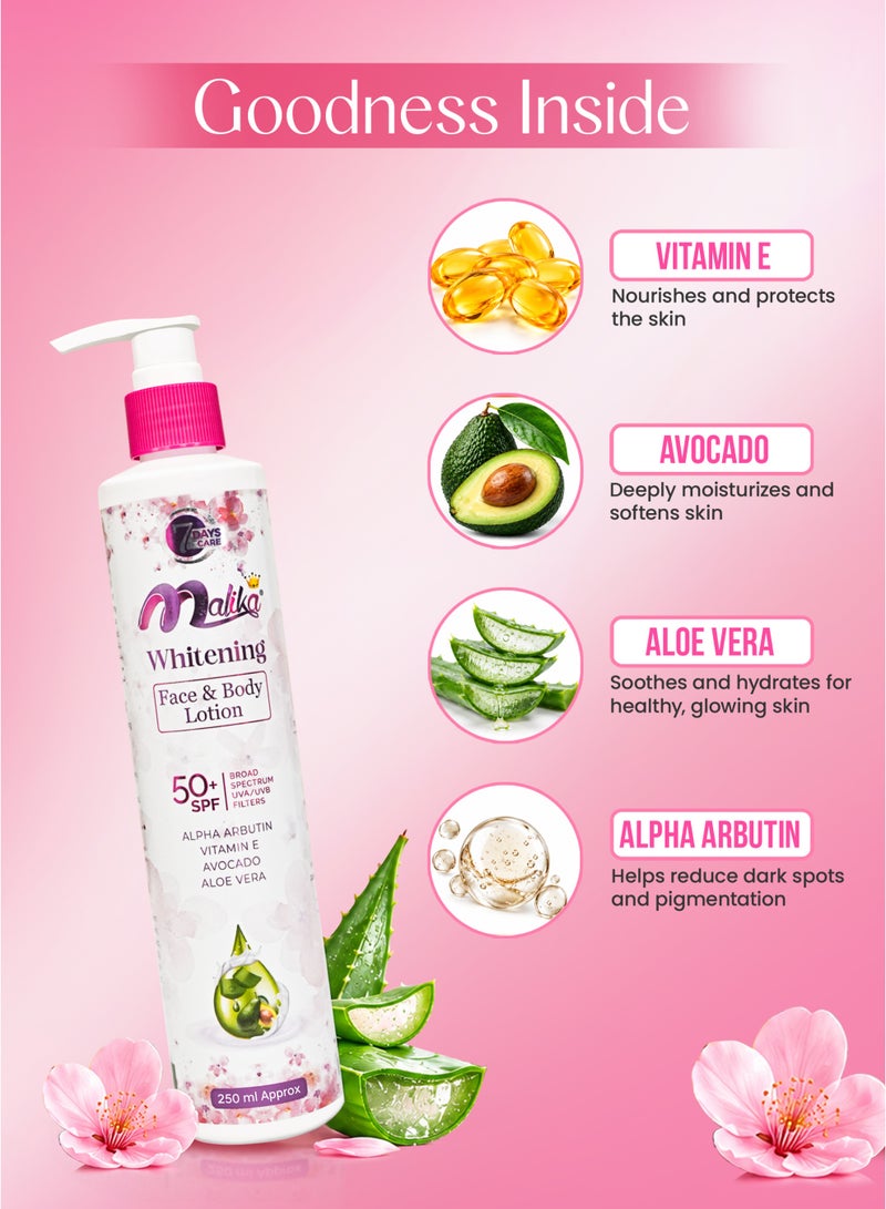 مليكا مالیكا لوشن الجسم المُشرق للبشرة حجم 250ml | واقي شمس SPF 50 وحمض الهيالورونيك | مرطّب الجسم | يُخفّف البقع الداكنة ويُوحّد لون البشرة - Image 2