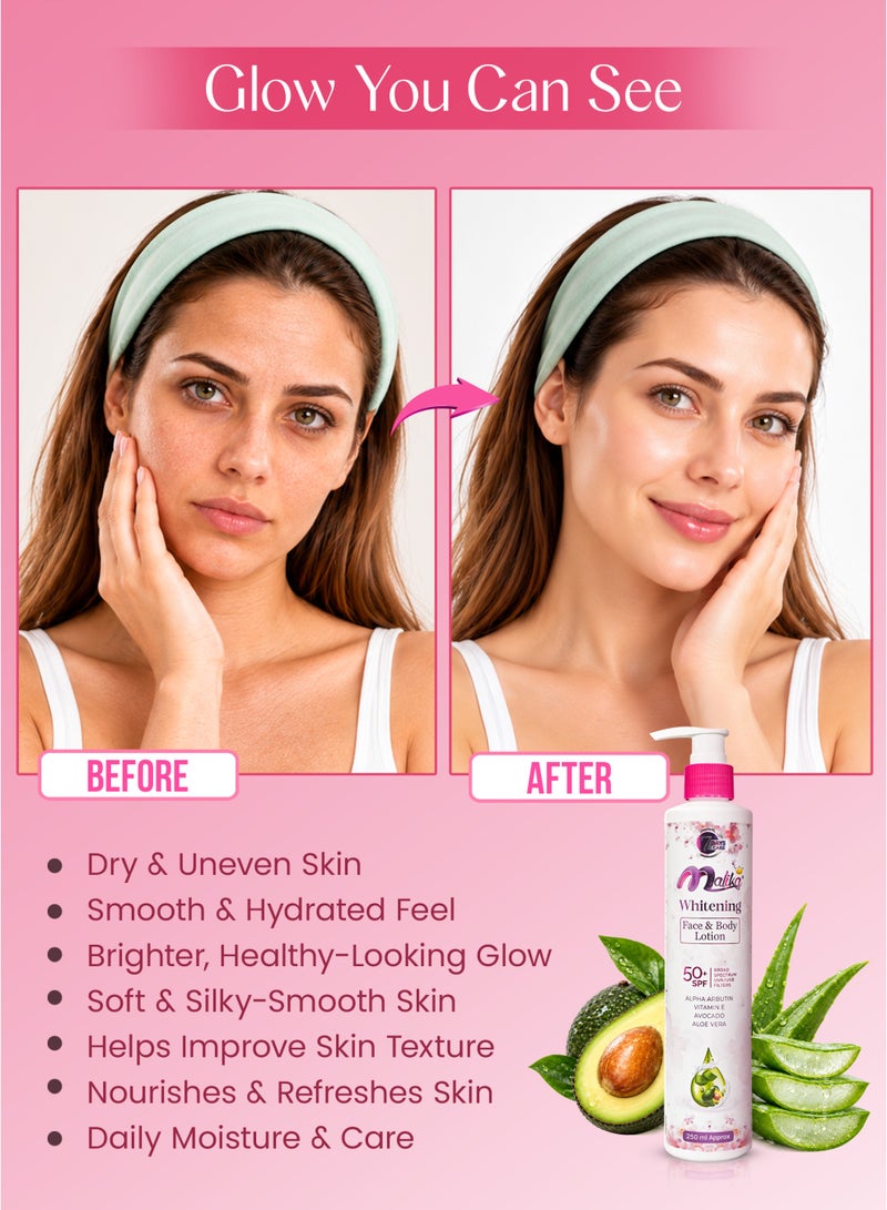 مليكا مالیكا لوشن الجسم المُشرق للبشرة حجم 250ml | واقي شمس SPF 50 وحمض الهيالورونيك | مرطّب الجسم | يُخفّف البقع الداكنة ويُوحّد لون البشرة - Image 4